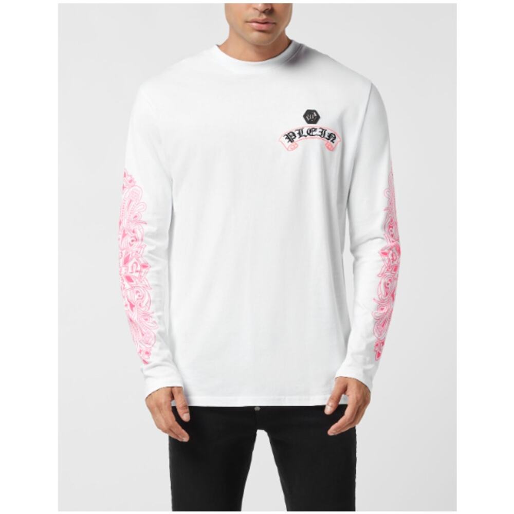 Philipp Plein Men's White Fuxiafluo Chrome Crest  Long Sleeve T-Shirt Size L